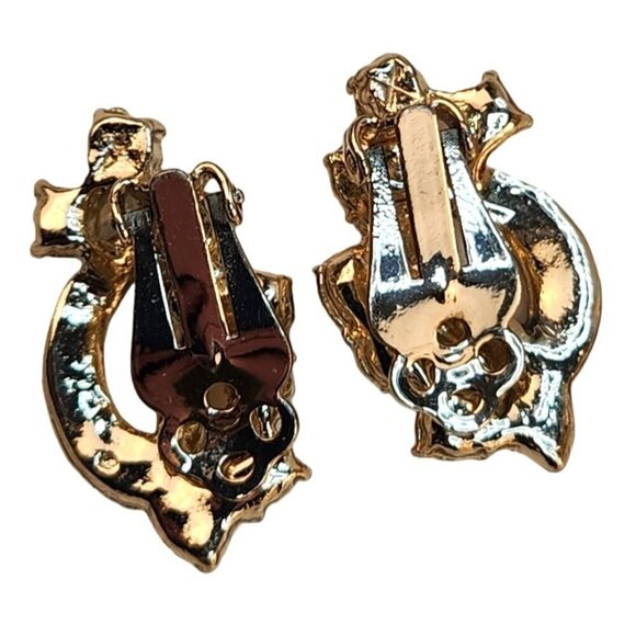 Vintage Gold-Tone Clip-On Earrings With Aurora Borealis Rhinestones 1" x .5" - Picture 8 of 10